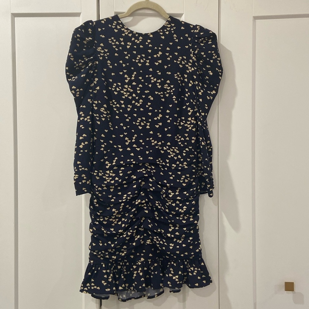 Re:Named Navy Dress with cream hearts, puff sleeves size Small